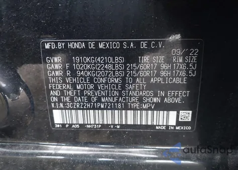2023 Honda Hr-V Awd Ex-L z USA, uszkodzony, nr VIN 3CZRZ2H71PM721181